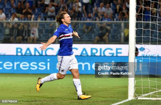 Edgar Barreto celebrates after scoring goal 1-0 during the TIM Cup match between UC Sampdoria and Foggia at Stadio Luigi Ferraris on August 12, 2017...