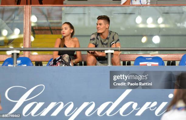 Patrick Schick and Hana Behounkova during the TIM Cup match between UC Sampdoria and Foggia at Stadio Luigi Ferraris on August 12, 2017 in Genoa,...