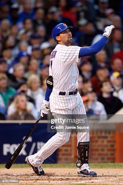 Mark DeRosa of the Chicago Cubs hits a 2-run home run in the bottom of the second inning against the Los Angeles Dodgers in Game One of the NLDS...