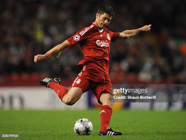 Xabi Alonso of Liverpool in action during the UEFA Champions League Group D match between Liverpool and PSV Eindhoven at Anfield on October 1, 2008...