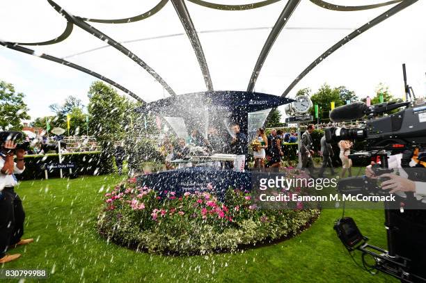 Jamie Spencer, Fran Berry and Neil Callan of the Great Britain & Ireland winning team at The Dubai Duty Free Shergar Cup, Ascot Racecourse on August...