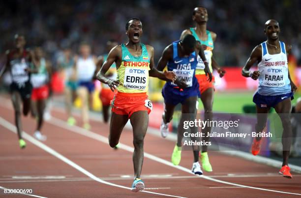 Muktar Edris of Ethiopia, Mohamed Farah of Great Britain and Paul Kipkemoi Chelimo of the United States cross the finishline in the Men's 5000 Metres...