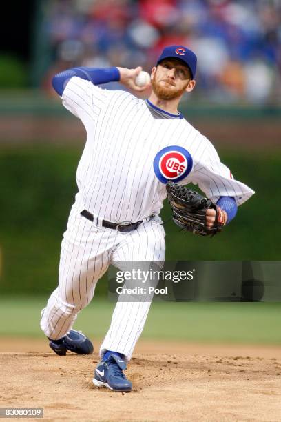 Ryan Dempster of the Chicago Cubs throws a pitch against the Los Angeles Dodgers in Game One of the NLDS during the 2008 MLB Playoffs at Wrigley...