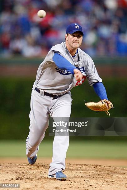 Derek Lowe of the Los Angeles Dodgers throws a pitch against the Chicago Cubs in Game One of the NLDS during the 2008 MLB Playoffs at Wrigley Field...