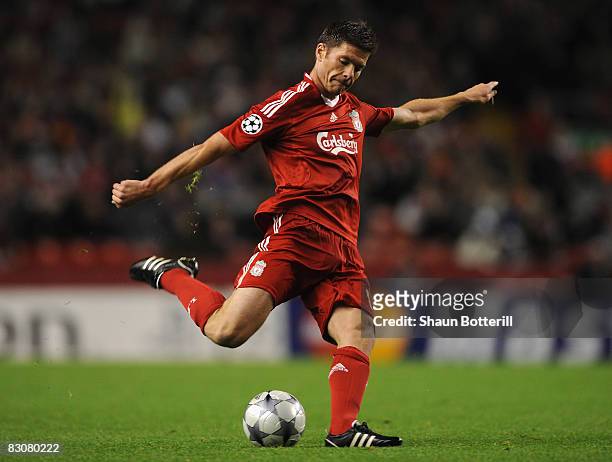 Xabi Alonso of Liverpool in action during the UEFA Champions League Group D match between Liverpool and PSV Eindhoven at Anfield on October 1, 2008...