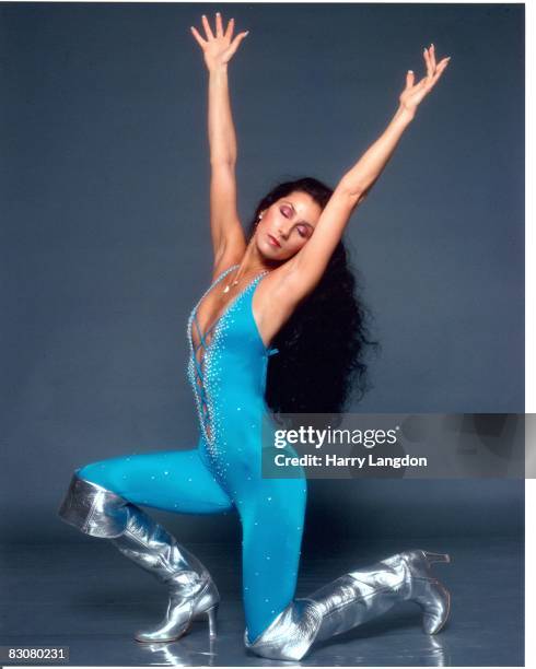 Singer and actress Cher poses for a Fashion Session in a Bob Mackie Creation on April 9, 1978 in Los Angeles, California.
