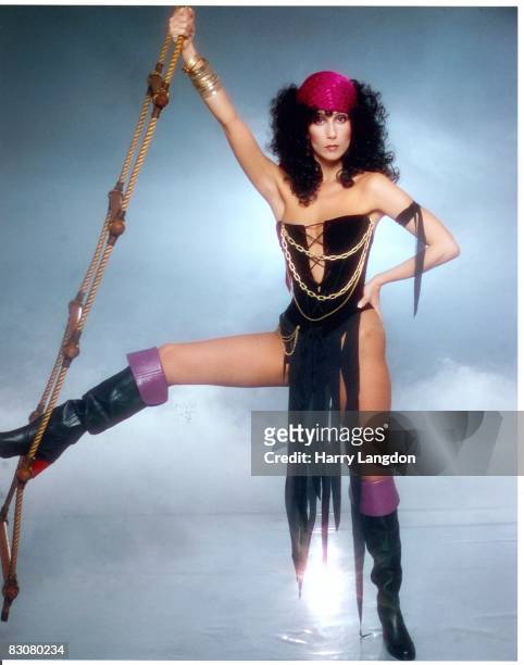 Singer and actress Cher poses for a Fashion Session in a Bob Mackie Creation on April 9, 1978 in Los Angeles, California.