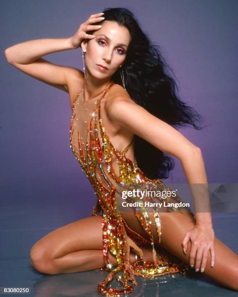 Singer and actress Cher poses for a Fashion Session in a Bob Mackie Creation on April 9, 1978 in Los Angeles, California.