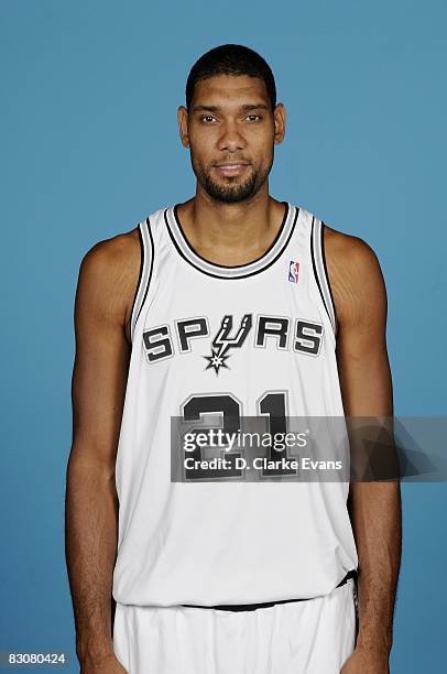 Tim Duncan of the San Antonio Spurs poses for a portrait during NBA Media Day on September 29, 2008 at the Spurs Training Facility in San Antonio,...