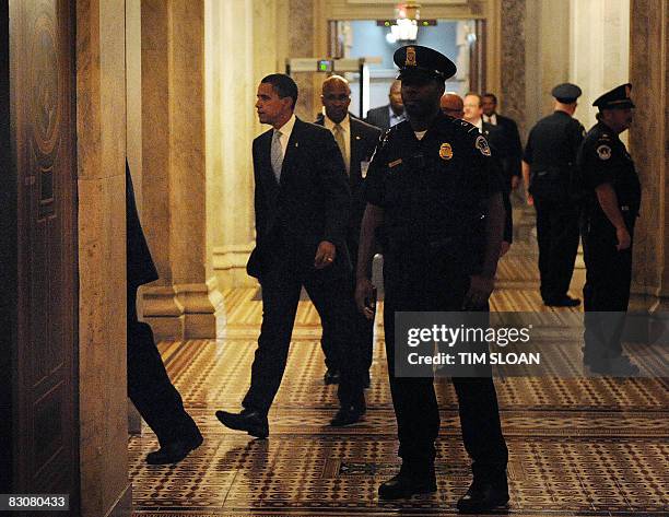 Democratic US Senator and presidential candidate Barack Obama arrives at the Capitol building to vote on the bailout plan on October 1, 2008 on...