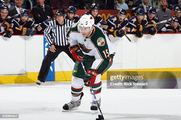 Andrew Brunette of the Minnesota Wild skates in on goal against the Buffalo Sabres during their NHL preseason NHL game on September 28, 2008 at HSBC...