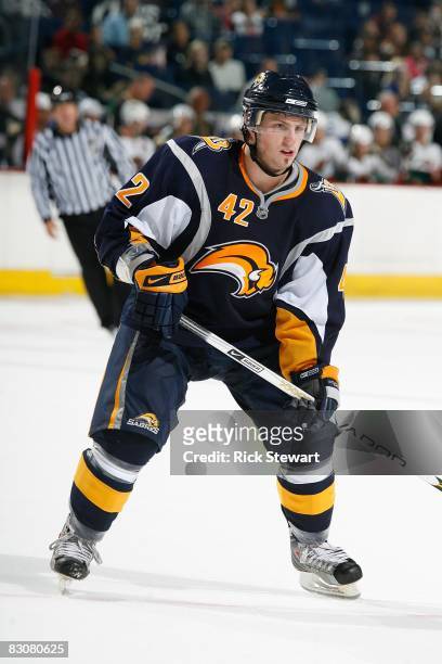 Nathan Gerbe of the Buffalo Sabres skates against the Minnesota Wild during their NHL preseason NHL game on September 28, 2008 at HSBC Arena in...