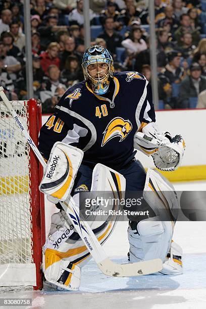 Goaltender Patrick Lalime of the Buffalo Sabres defends his net during their NHL preseason NHL game against the Minnesota Wild on September 28, 2008...