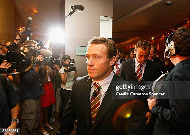 Sea Eagles captain Matt Orford walks past media during the 2008 NRL Grand Final breakfast at the Westin hotel on October 2, 2008 in Sydney, Australia.