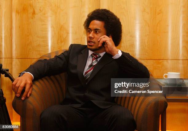 Steve Matai of the Sea Eagles talks on the phone during the 2008 NRL Grand Final breakfast at the Westin hotel on October 2, 2008 in Sydney,...