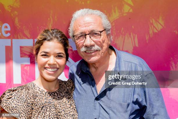 Actors America Ferrera and Edward James Olmos arrive for the 2017 Sundance NEXT FEST at The Theater at The Ace Hotel on August 12, 2017 in Los...