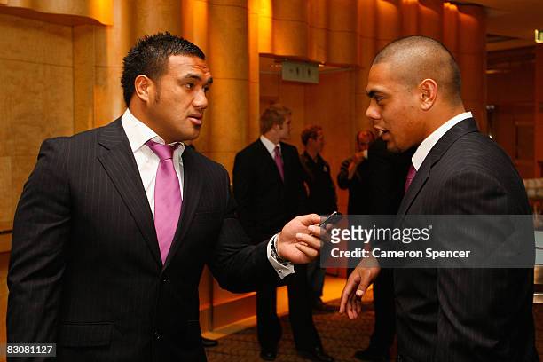 Jeff Lima of the Storm interviews Sika Manu of the Storm during the 2008 NRL Grand Final breakfast at the Westin hotel on October 2, 2008 in Sydney,...