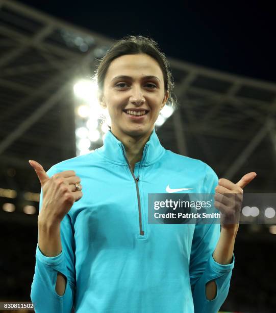 Maria Lasitskene of the Authorised Neutral Athletes, gold, celebrates after the Women's High Jump Final during day nine of the 16th IAAF World...