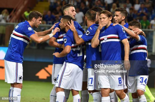 Edgar Barreto of Sampdoria celebrates after scoring goal 1-0 during the TIM Cup match between UC Sampdoria and Foggia at Stadio Luigi Ferraris on...