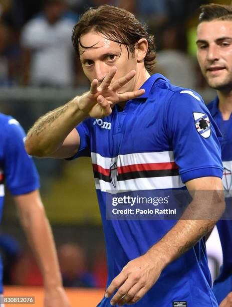 Edgar Barreto of Sampdoria celebrates after scoring goal 1-0 during the TIM Cup match between UC Sampdoria and Foggia at Stadio Luigi Ferraris on...