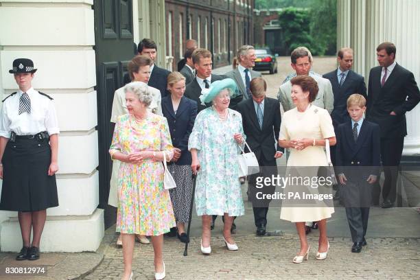 The Queen mother with the Royal family on her 94th birthday at Clarence House. L-R The Queen, Princess Anne and husband Cmndr Tim Laurence and...