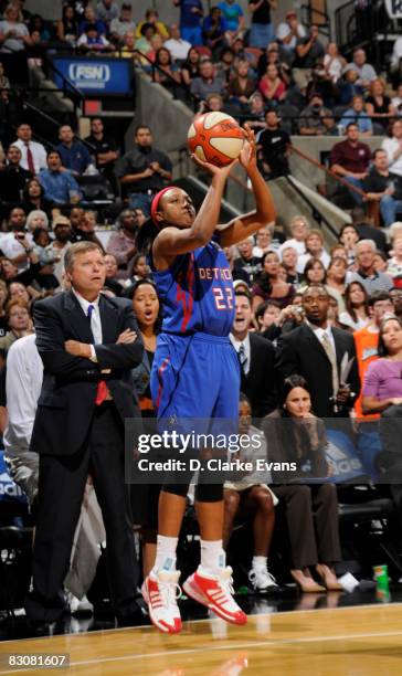 Alexis Hombuckle of the Detroit Shock shoots against the San Antonio Silver Stars in Game One of the WNBA Finals on October 1, 2008 at the AT&T...