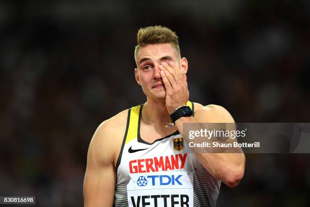 Johannes Vetter of Germany wipes away a tear as he reacts after winnning gold in the Men's Javelin Throw final during day nine of the 16th IAAF World...