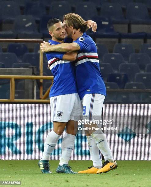 Gianluca Caprari of Sampdoria celebrates with Edgar Barreto after scoring 2-0 during the TIM Cup match between UC Sampdoria and Foggia at Stadio...