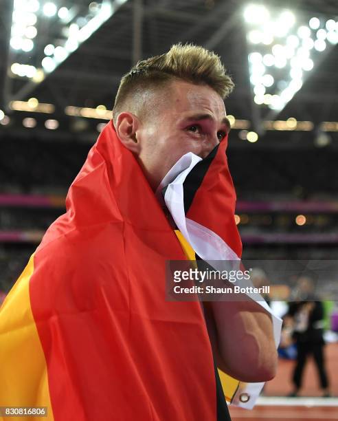 Johannes Vetter of Germany is in tears as he reacts after winnning gold in the Men's Javelin Throw final during day nine of the 16th IAAF World...