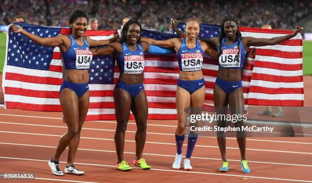 London , United Kingdom - 12 August 2017; Members of the victorious USA team, from left, Aaliyah Brown, Morolake Akinosun, Allyson Felix and Tori...