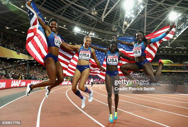 Aaliyah Brown, Allyson Felix, Morolake Akinosun and Tori Bowie of the United States celebrate winning gold in the Women's 4x100 Metres Final during...