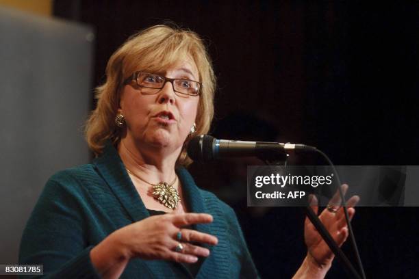 Green Party leader Elizabeth May address the media following the French language debate at the National Arts Centre in Ottawa, Ontario, October 1,...