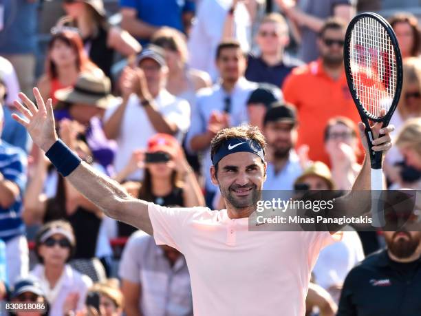 Roger Federer of Switzerland celebrates his 6-3, 7-6 victory over Robin Haase of Netherlands during day nine of the Rogers Cup presented by National...