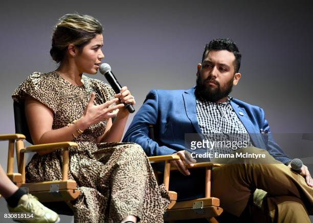 Actor America Ferrera and writer/director Marvin Lemus speak onstage at 2017 Sundance NEXT FEST at The Theater at The Ace Hotel on August 12, 2017 in...