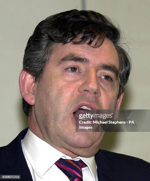 Britain's Chancellor of the Exchequer Gordon Brown addressing the Social Market Foundation on the economy and public services at a meeting in...
