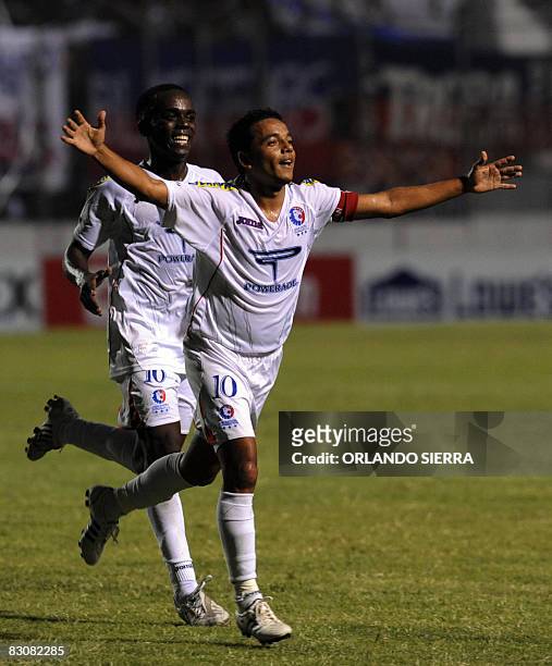 The honduran, Danilo Turcios and Samir Arzu of Olimpia celebrate a goal against of Impact of Montreal, Canada during a Concacaf Champions Cup...