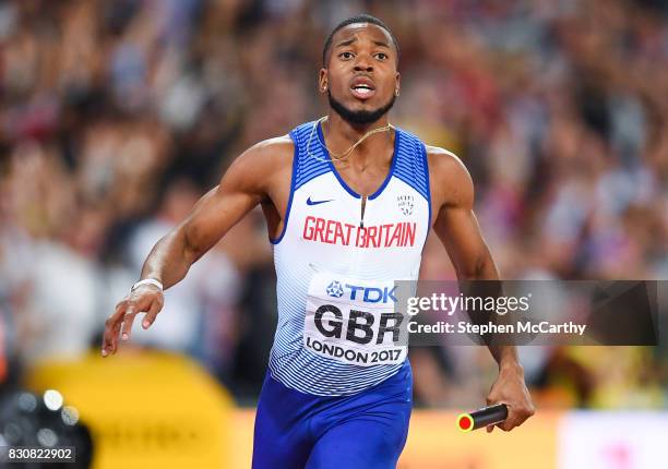 London , United Kingdom - 12 August 2017; Nethaneel Mitchell-Blake, running the anchor leg for his Great Britain team, after crossing the line to win...