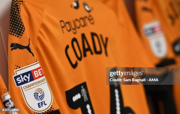 The shirt of Conor Coady of Wolverhampton Wanderers hangs in the away dressing room proir to the Sky Bet Championship match between Derby County and...