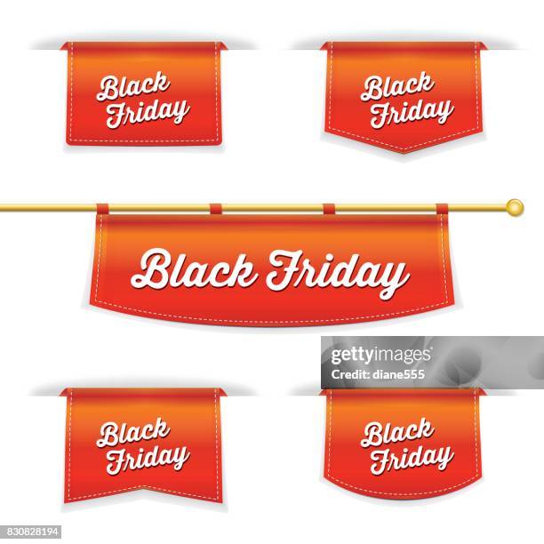 shiny 3d folded ribbon bookmark with black friday text - pole banner stock illustrations
