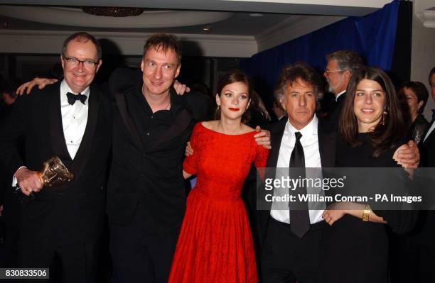 Jim Broadbent, David Thewlis, Anna Friel, Dustin Hoffman his and daughter Jenna during a party at The Grosvenor House Hotel after the Orange British...