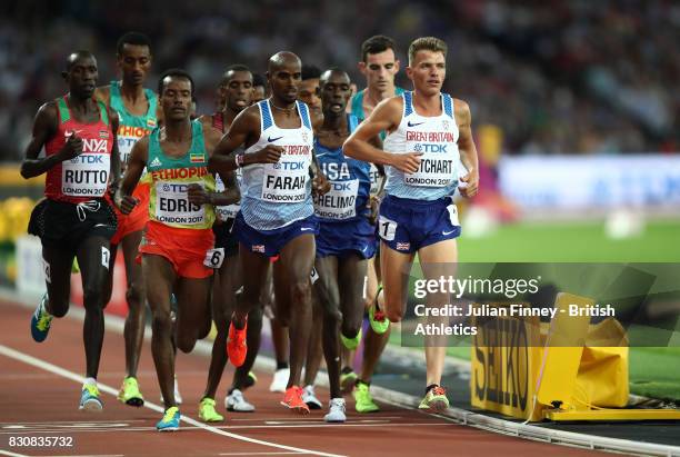 Muktar Edris of Ethiopia, Mohamed Farah of Great Britain and Andrew Butchart of Great Britain compete in the Men's 5000 Metres final during day nine...