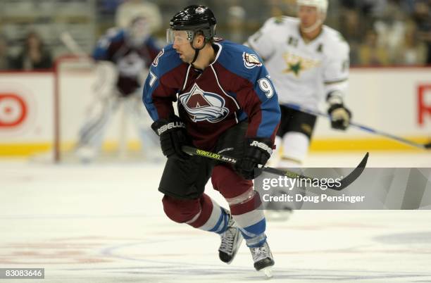 Per Ledin of the Colorado Avalanche skates against the Dallas Stars during preseason NHL action at the Pepsi Center on October 1, 2008 in Denver,...