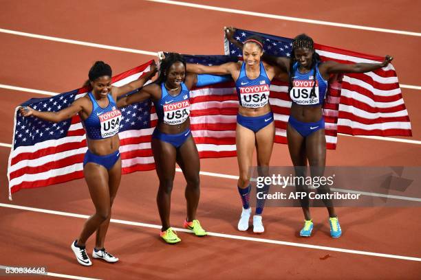 Athletes Aaliyah Brown, Morolake Akinosun, Allyson Felix and Tori Bowie celebrate winning the final of the women's 4x100m relay athletics event at...