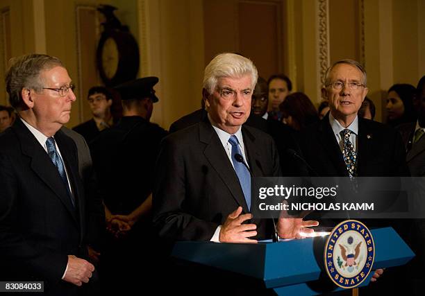 Senate Banking Committee Chairman Chris Dodd speaks to the press with Senate Majority Leader Harry Reid and Minority Leader Mitch McConnell in...