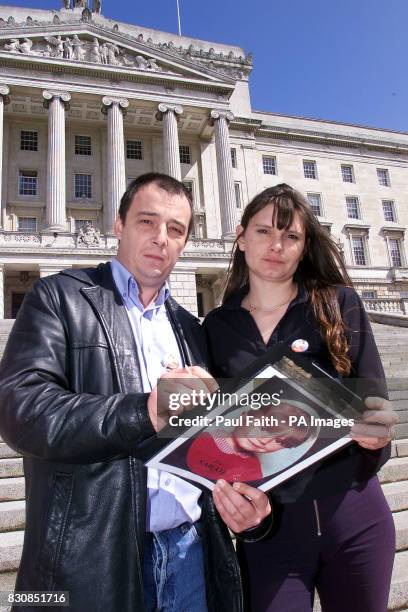 The parents of murdered eight-year-old schoolgirl Sarah Payne, Michael and Sara Payne, at the Parliament Buildings at Stormont, Belfast, adding their...