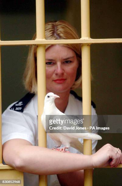 Prison warden, Sarah Sanders with a white dove, one of 50 bred by Dennis Saunders of Great Barr, Birmingham, and raised by Ms Sanders and Steve...