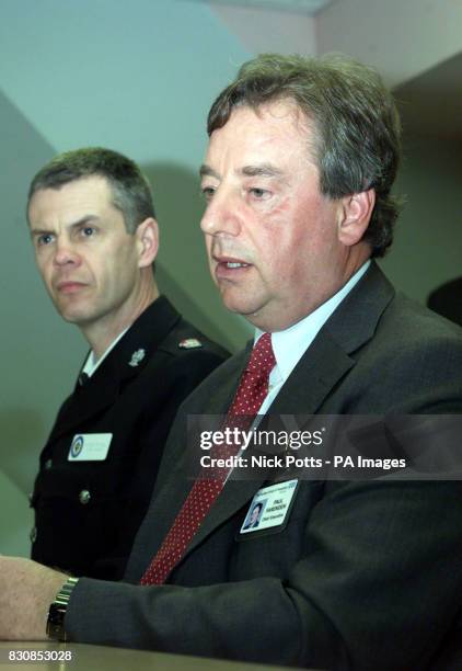 Superintendent of West Midlands Police, Steve Rowell, sits with Chief Executive of Wordsley Hospital Paul Farenden during a press conference at...