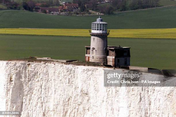 Aerial view of the Belle Tout Lighthouse at Beachy Head in East Sussex which was famously saved from falling into the sea by moving it on rails.