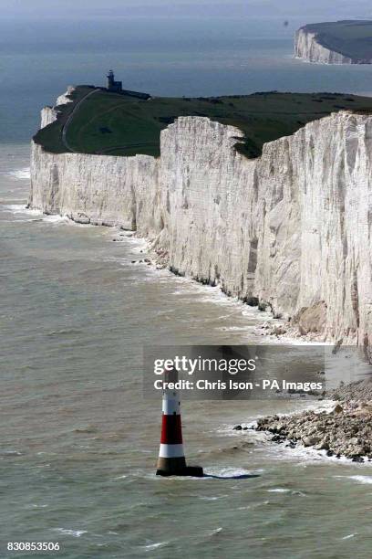 Aerial view of the Lighthouse and cliffs at Beachy Head in East Sussex incl the Belle Tout lighthouse in the distance. *22/07/02 Beachy Head, where...