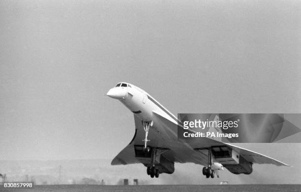 Concorde 002, British prototype of the Anglo-French supersonic airliner project, takes off from Filton, Bristol, on her maiden flight, piloted by...